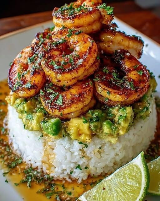Honey Lime Shrimp & Avocado Rice Stack