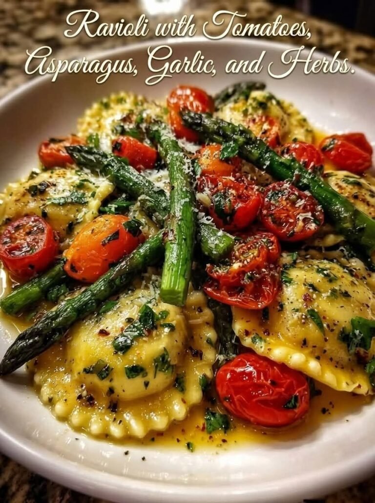 Ravioli with Tomatoes, Asparagus, Garlic & Herbs