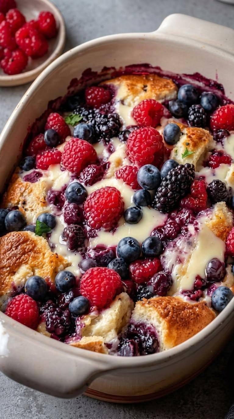 Mixed Berry Bread Pudding with Vanilla Custard
