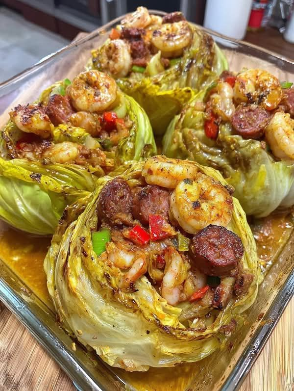 Roasted Cajun Shrimp & Smoked Sausage Stuffed Cabbage