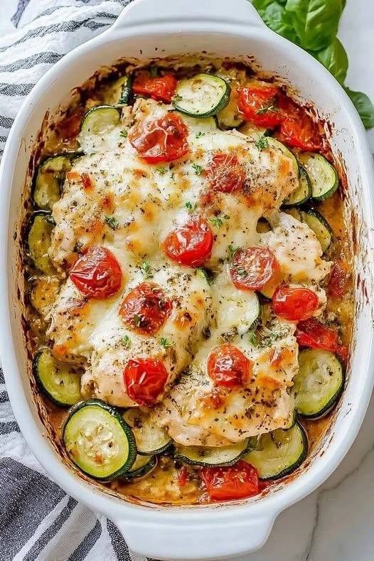 Baked Mozzarella Chicken with Zucchini & Cherry Tomatoes