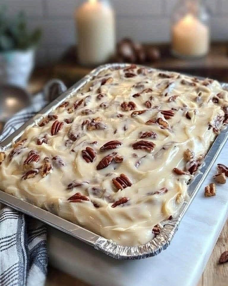 Cream Cheese Frosted Pecan Sheet Cake