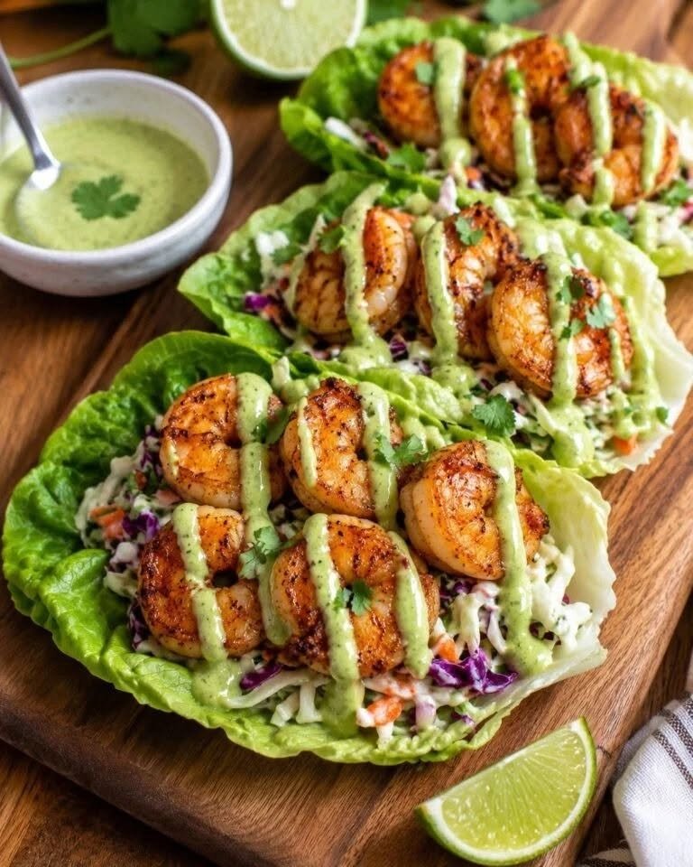 Juicy Cajun Grilled Shrimp Lettuce Wraps with Creamy Avocado Sauce