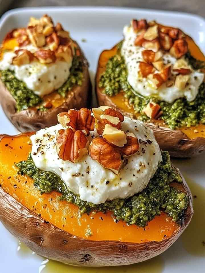 Pesto Burrata Stuffed Sweet Potatoes with Walnuts