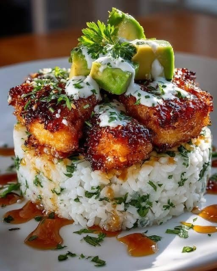 Crispy Honey Garlic Chicken Rice Stack with Avocado & Herb Cream
