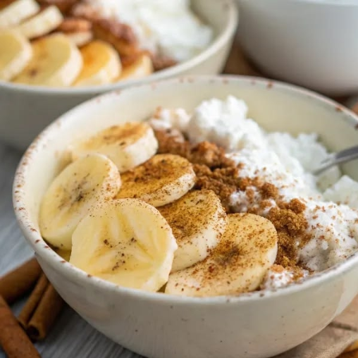 Baked Banana Cinnamon Cottage Cheese Breakfast Bowls