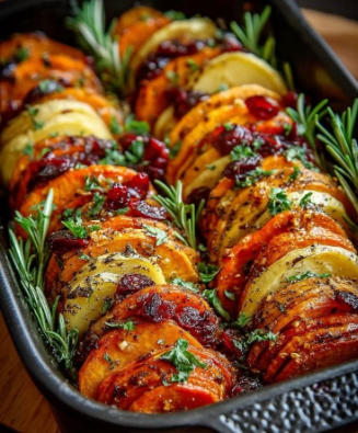 Roasted Sweet Potato & Yukon Gold Potato Bake with Cranberries
