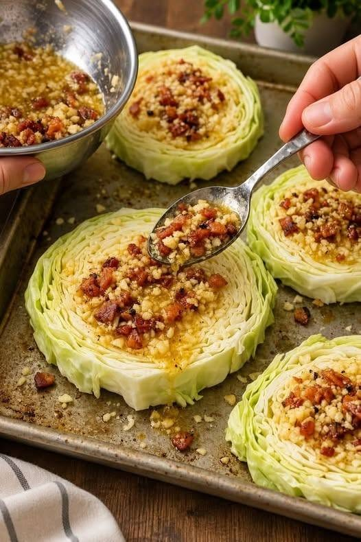 Roasted Garlic Bacon Cabbage Steaks