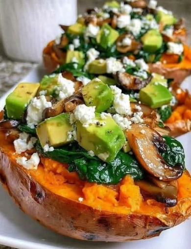 Stuffed Sweet Potatoes with Spinach, Avocado, Mushrooms & Feta