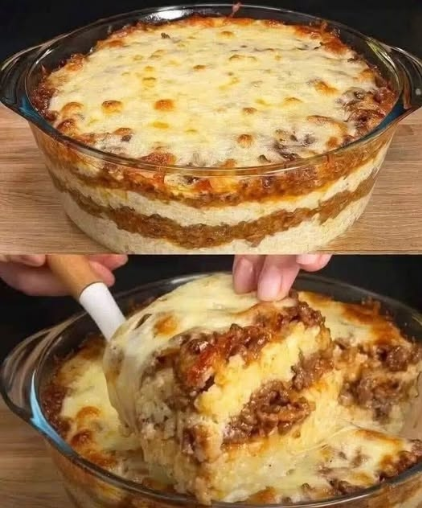 Layered Cheesy Ground Beef & Rice Casserole
