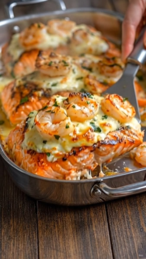 Cheesy Garlic Butter Shrimp Stuffed Salmon