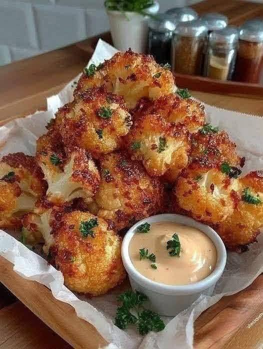 Crispy Parmesan-Garlic Roasted Cauliflower with Creamy Dip