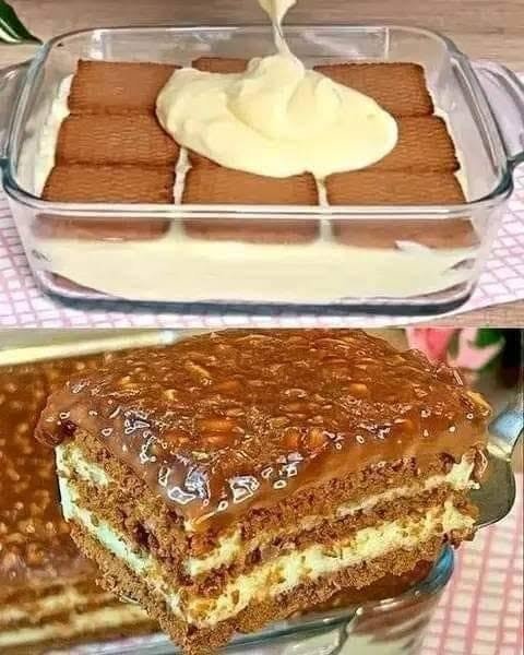 Layered Custard Biscuit Cake with Caramel Peanut Topping