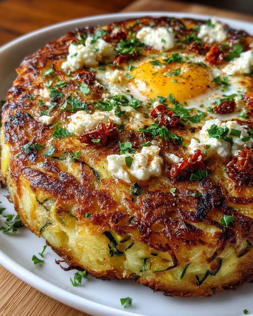 Mediterranean Potato & Zucchini Rösti Egg Bake with Feta & Sun-Dried Tomato