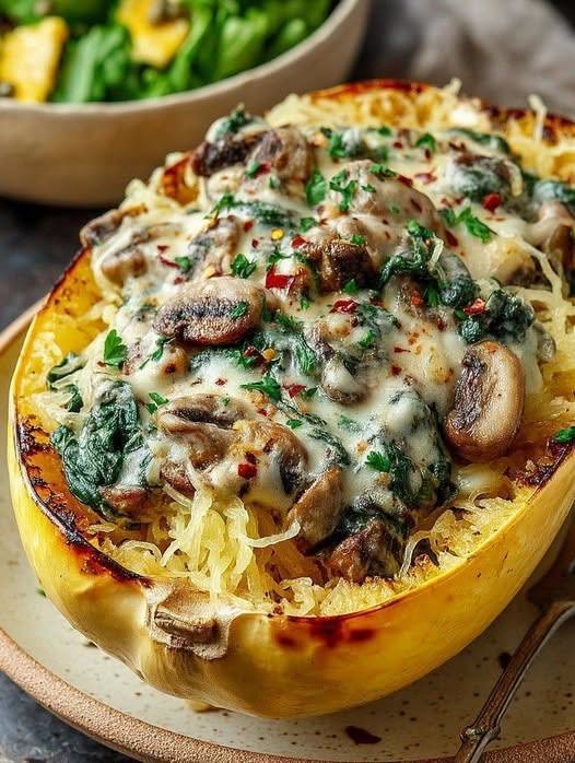 Vegan Creamy Spinach & Mushroom Stuffed Spaghetti Squash