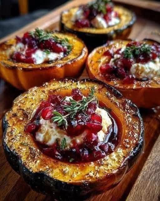 Honey-Glazed Acorn Squash with Creamy Goat Cheese & Cranberry Drizzle