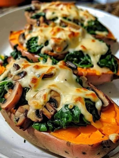 Stuffed Sweet Potatoes with Spinach, Mushrooms & Mozzarella