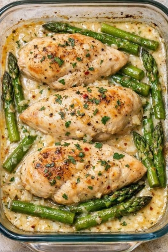 Baked Chicken & Asparagus in Garlic Cream Sauce
