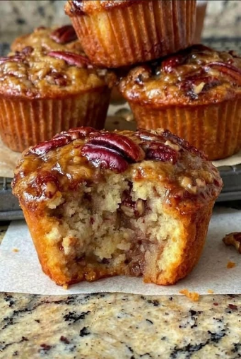 Pecan Banana Muffins with Caramelized Pecan Topping