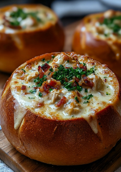 Golden Garlic Bread Bowls Filled with Creamy Parmesan Chicken, Crispy Prosciutto, Caramelized Onions & Roasted Peppers