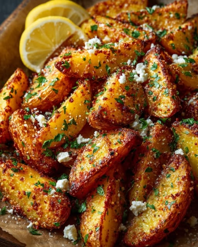 Crispy Parmesan Greek Lemon Potatoes with Feta Garlic Butter