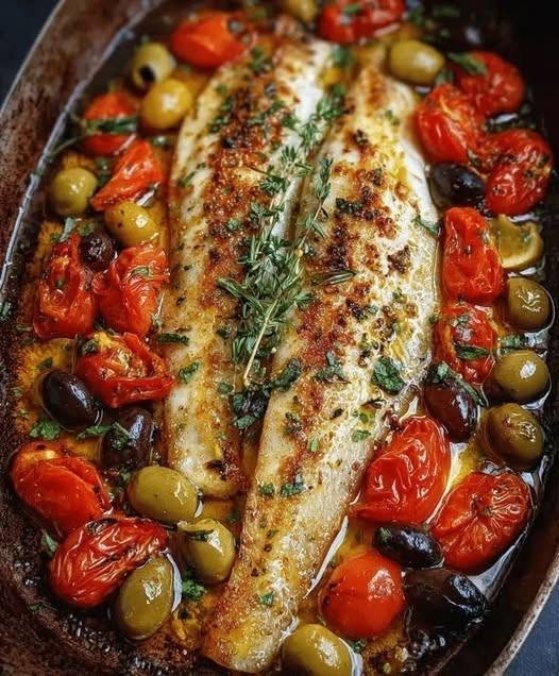 Mediterranean Baked White Fish with Tomatoes & Olives