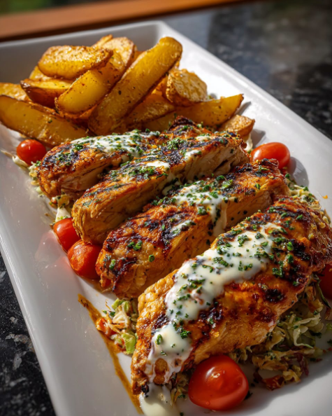 Creamy Herb Chicken Plate with Golden Wedges & Crunchy Tomato Slaw