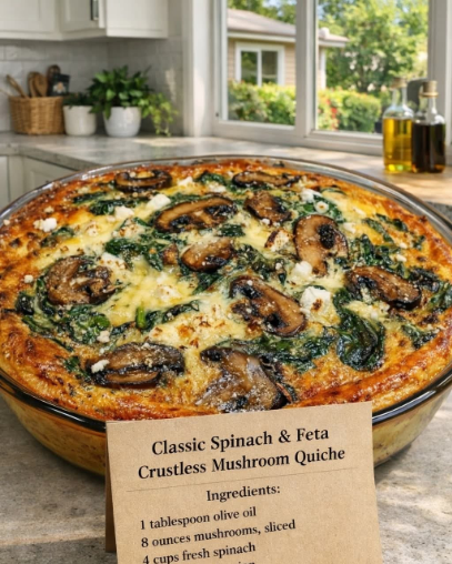 Classic Spinach & Feta Crustless Mushroom Quiche