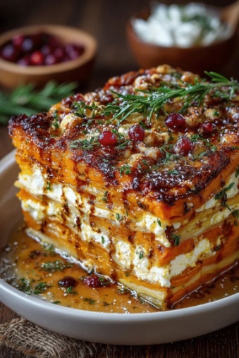Layered Sweet Potato, Butternut Squash & Parsnip Lasagna with Feta, Walnuts & Cranberry-Honey Glaze