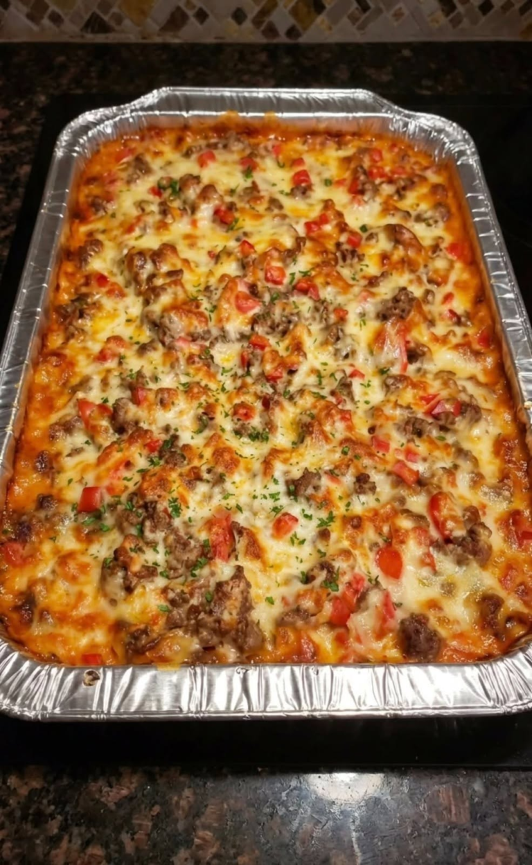 Cheesy Ground Beef, Mushroom & Pepper Casserole