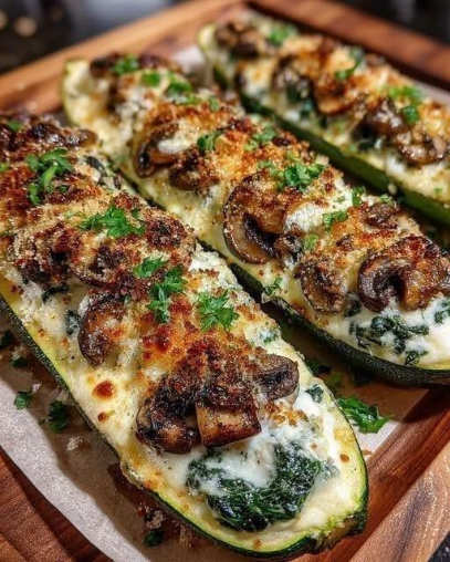 Spinach, Mushroom & Ricotta Stuffed Zucchini Boats
