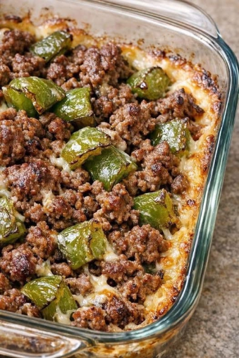 4-Ingredient Cheesy Ground Beef & Green Pepper Bake