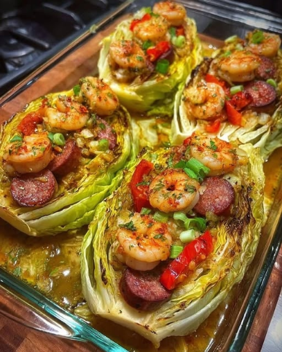 Shrimp & Sausage Stuffed Roasted Cabbage Boats